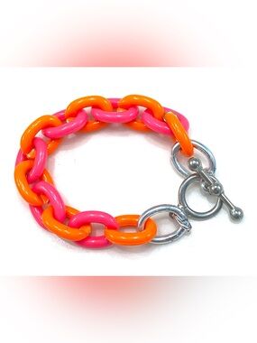 Vintage Neon Pink Orange Acrylic Chain Link Bracelet Silver Toggle Clasp